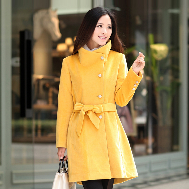 2013 popular women's thermal tiebelt turtleneck trench yellow overcoat fashion trench Free Shipping