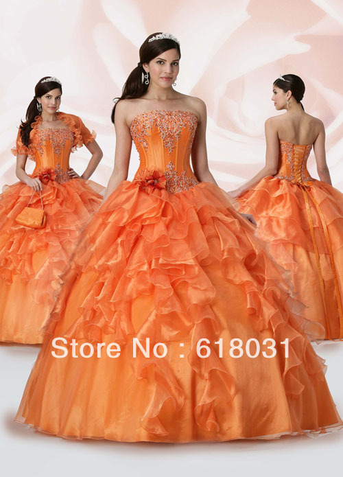 2013 Pretty strapless embroidery ball gown organza orange puffy quinceanera 15 dresses 80036