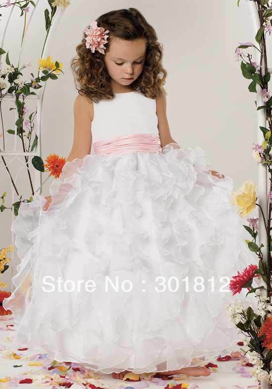 2013 Princess Pink Sash Round Neckline Floor Length Wholesale Flower Girl Dress (FGD-088)