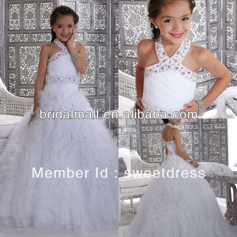 2013 Princesss Dress Shining Beaded Halter White Ruffled Beaded Ball Gown Girls Pageant Party Dresses Girl's Prom Gowns JW0028