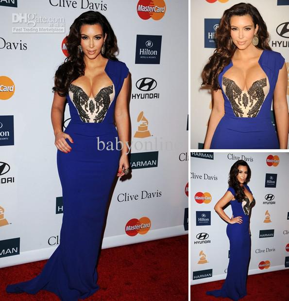 2013 Prom Dress Kim Kardashian Blue Evening Dresses Cap Sleeves Sweetheart Mermaid Celebrity Dresses