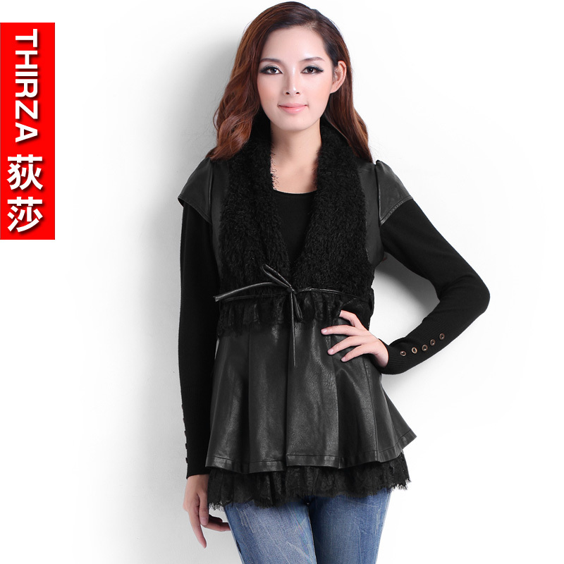 2013 PU faux leather lacing patchwork slim tank dress lace sweep d12sw057