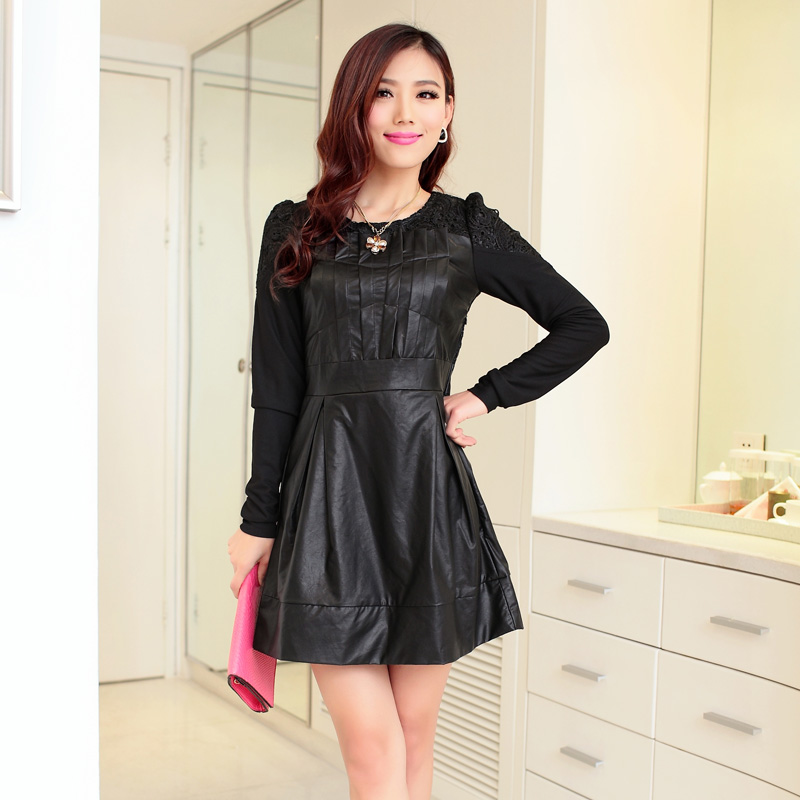 2013 PU slim skirt long-sleeve basic leather medium-long lace one-piece dress female