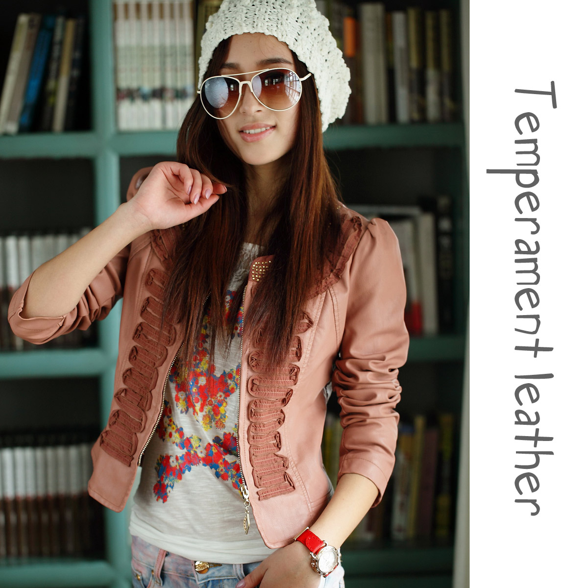 2013 PU spring top female slim leather clothing shorts coat female