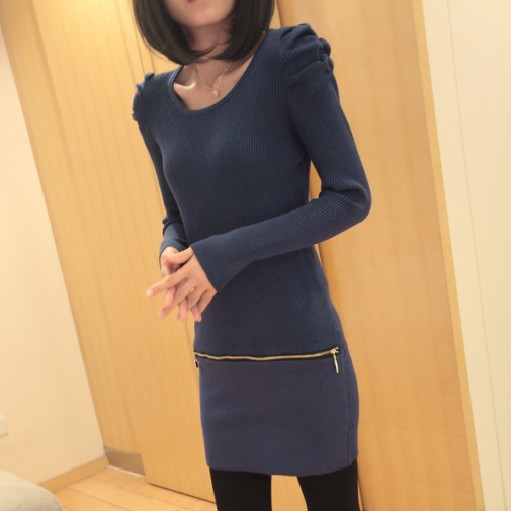 2013 puff sleeve o-neck elastic slim basic knitted sweater dress female (WC005)