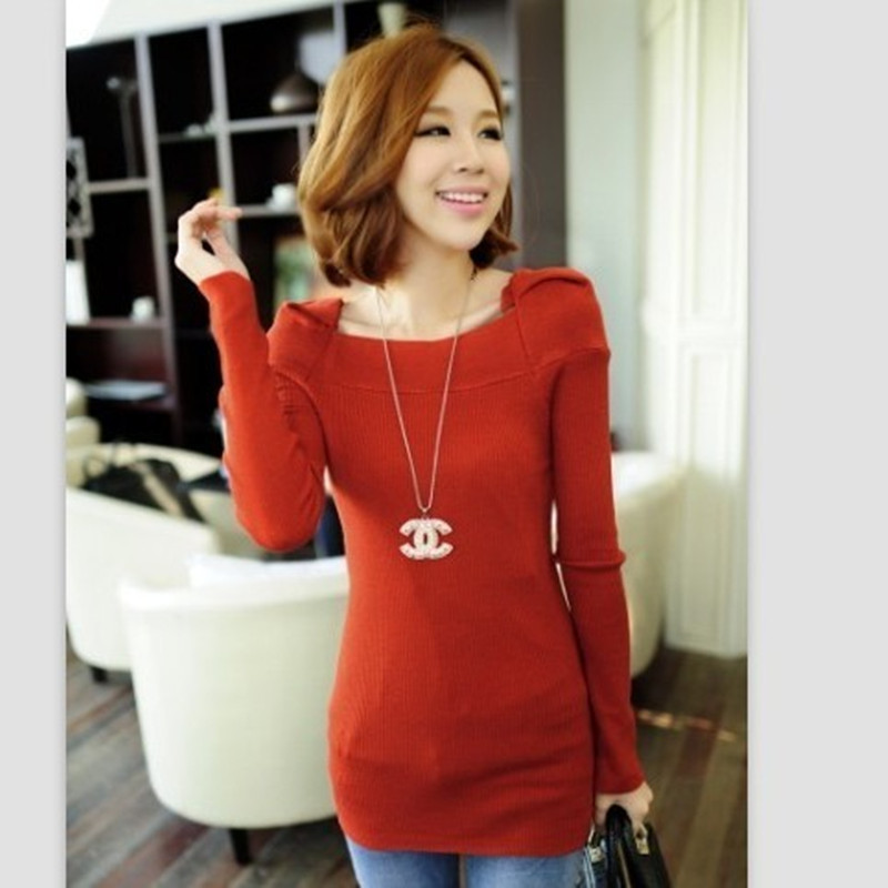 2013 pullover sweater female slim slit neckline medium-long sweater basic sweater outerwear female