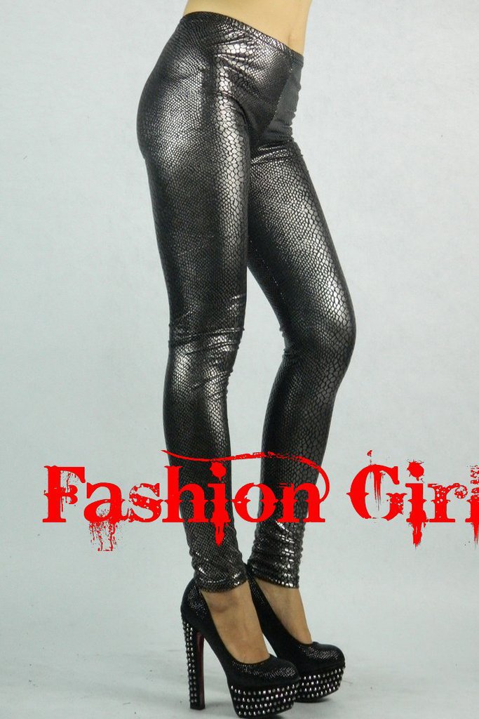 2013 Punk Rock Fashion Women Leggings Silver Grey Metallic Imitation Leather Snakeskin Tights Skinny free shipping CRL 1457