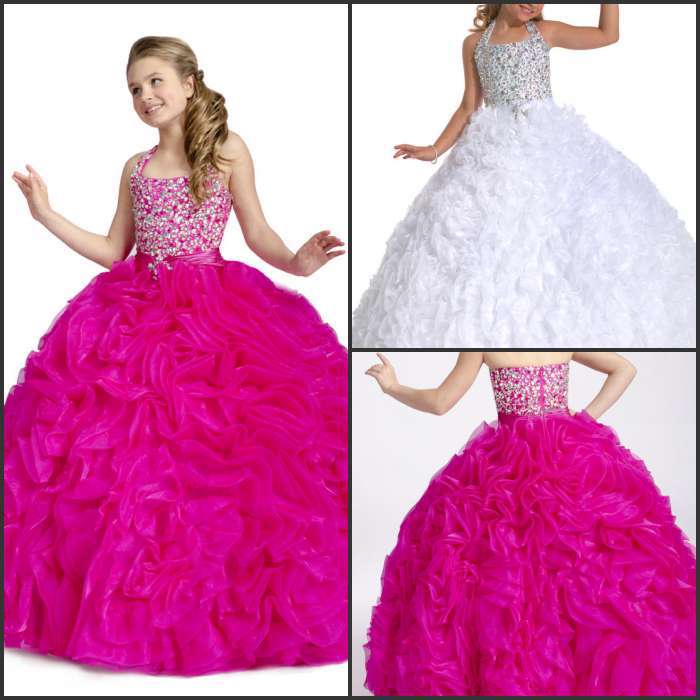 2013 Pure handmade halter beads ball gown rich pleated white flower girl dresses pageant dresses for girl sweep train