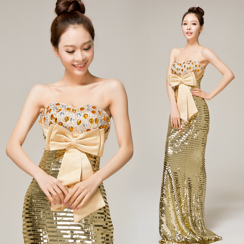 2013 quality wedding formal dress marry gold evening dress evening dress stage clothing