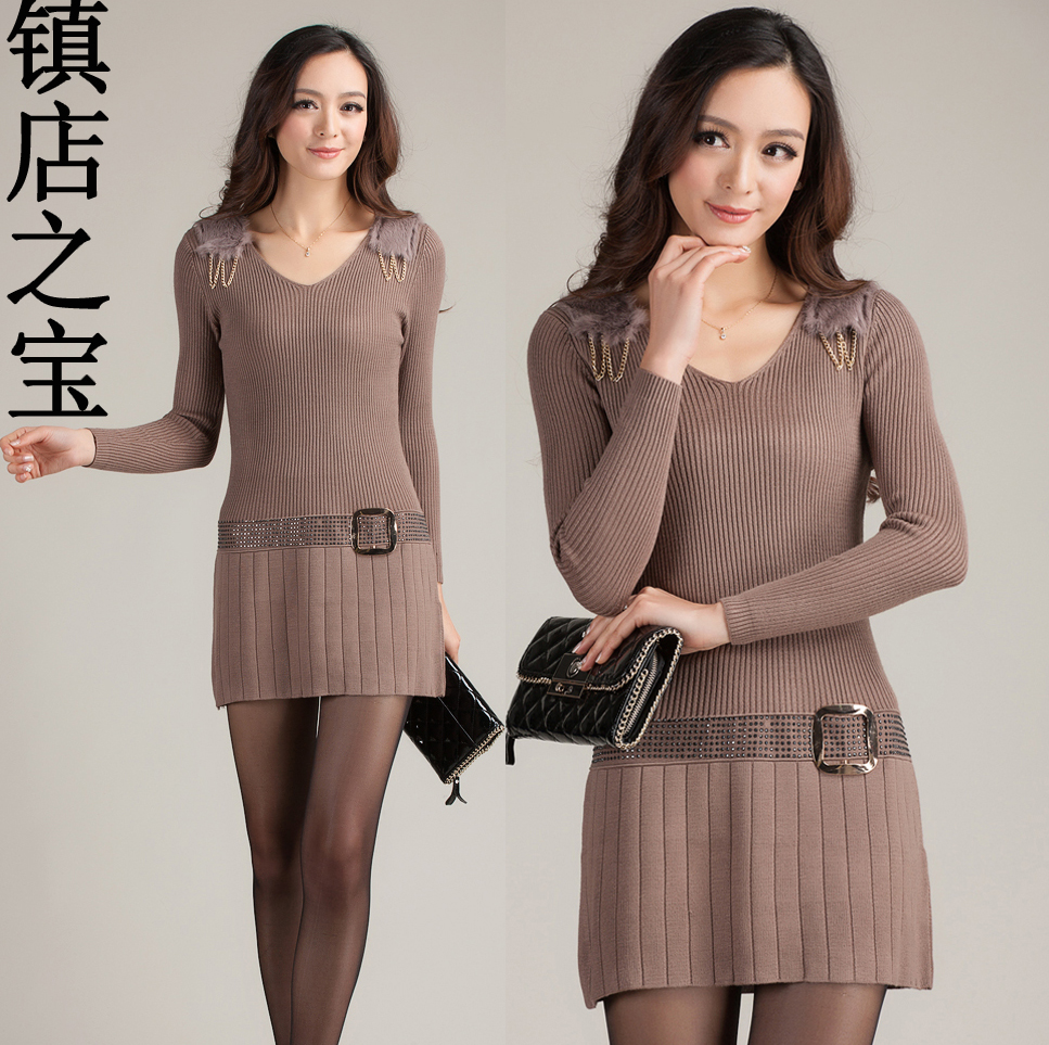 2013 rabbit fur V-neck ol slim medium-long basic sweater dress pleated skirt free shipping