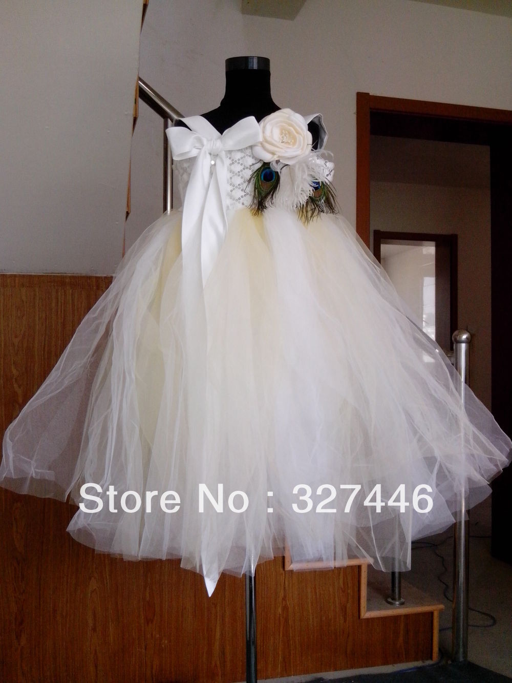 2013 Real Flower Feather Bow Satin Chiffon Sleeveless Ankle-Length Lovely Girl Dresses Custom Made