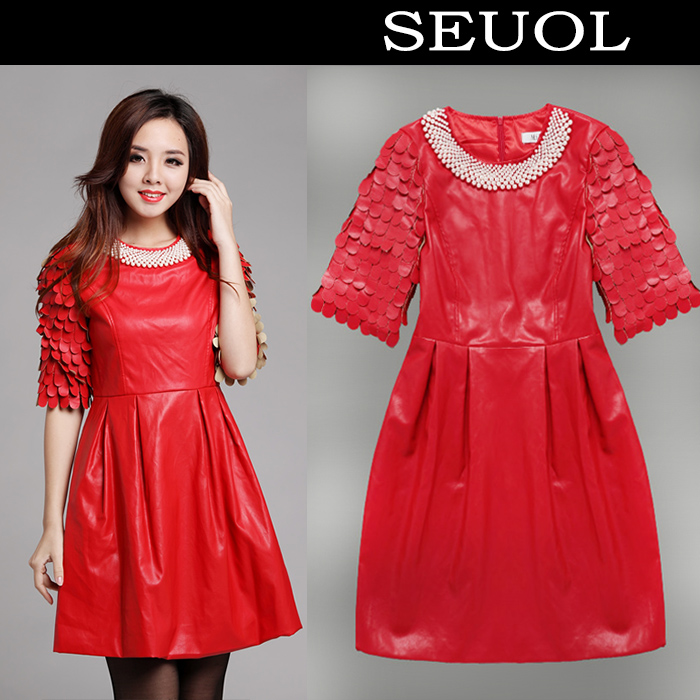 2013 red dress, Color beading motorcycle red leather skirt straight medium-long sleeve dresses,high quality,classic