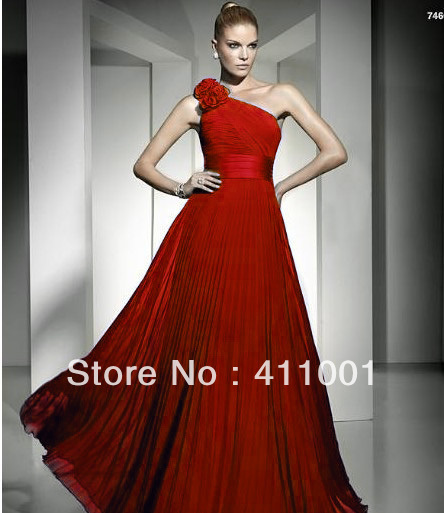 2013 Red One-Shoulder Floor-Length A-Line Party Prom Dresses Wedding Bridal Evening Gown Celebrity Dress All Sizes Pleated Skirt