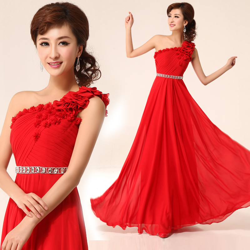 2013 red sweet beading one shoulder rhinestone flower the bride evening dress toadyisms formal dress banquet