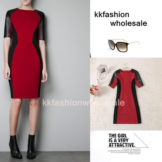 2013 Restore Fashion OL Women Short Sleeve PU Leather Patchwork Red Mix Black Slim Dress Size S M L XL