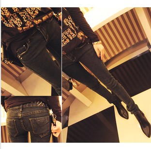 2013 rivet comfortable dark color tight denim pencil pants female