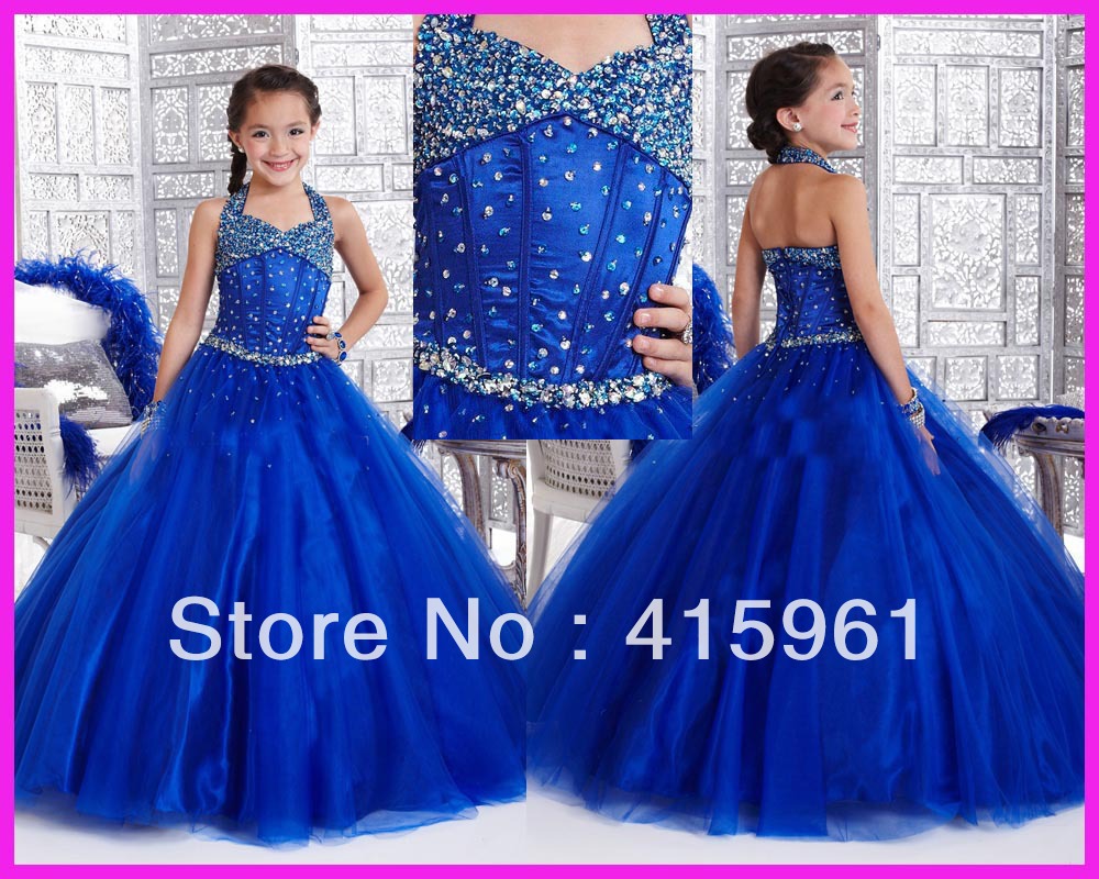 2013 Royal Blue Halter Beaded Ball Gown Communion Dresses For Girls Sequins F187