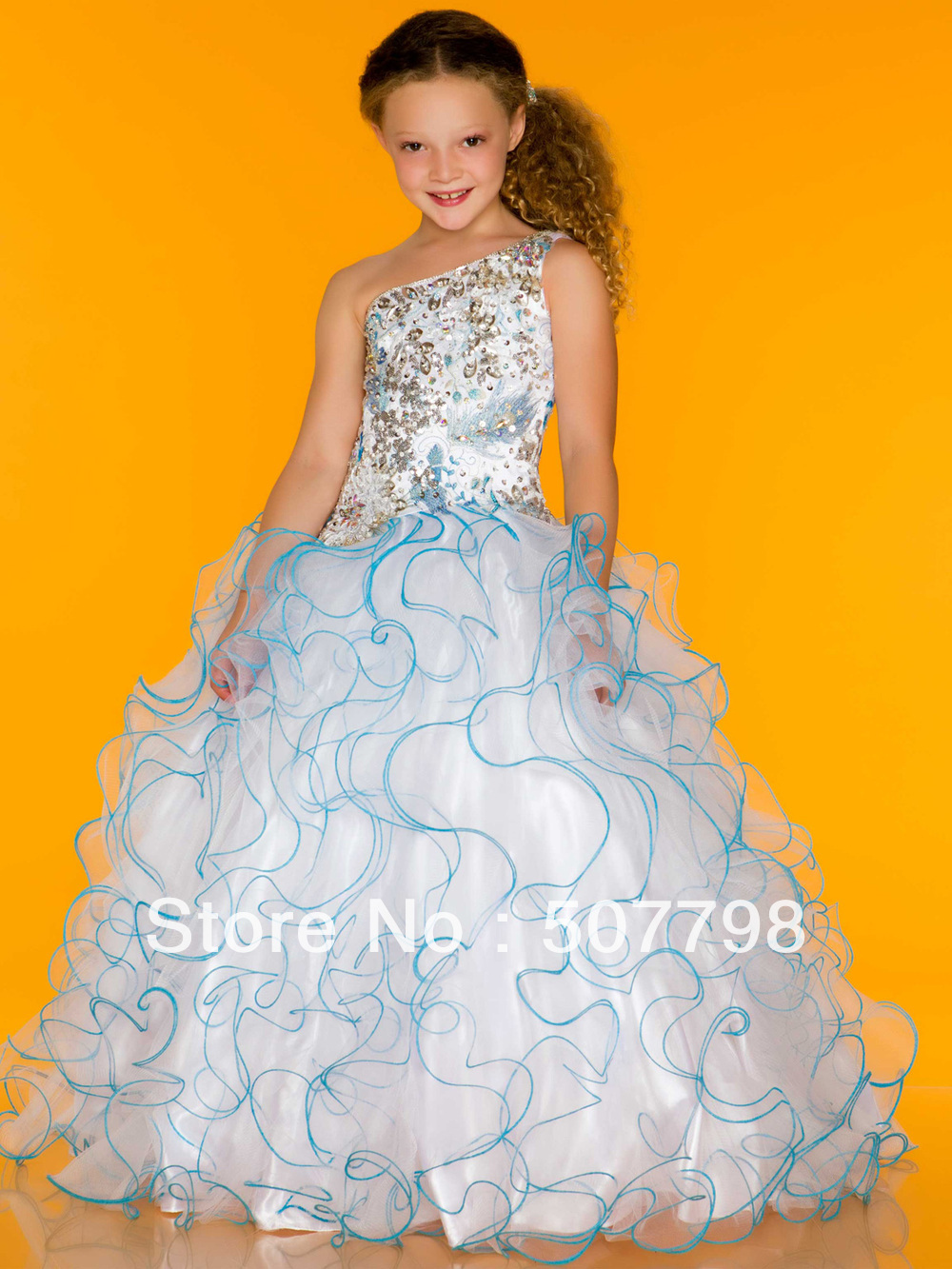 2013 Sequin Beaded One Shoulder Organza Floor Length Flower Girl Dress