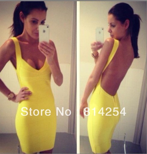 2013 Sexy backless bandage Celebrity dress Cocktail Party Evening Dresses yellow & black