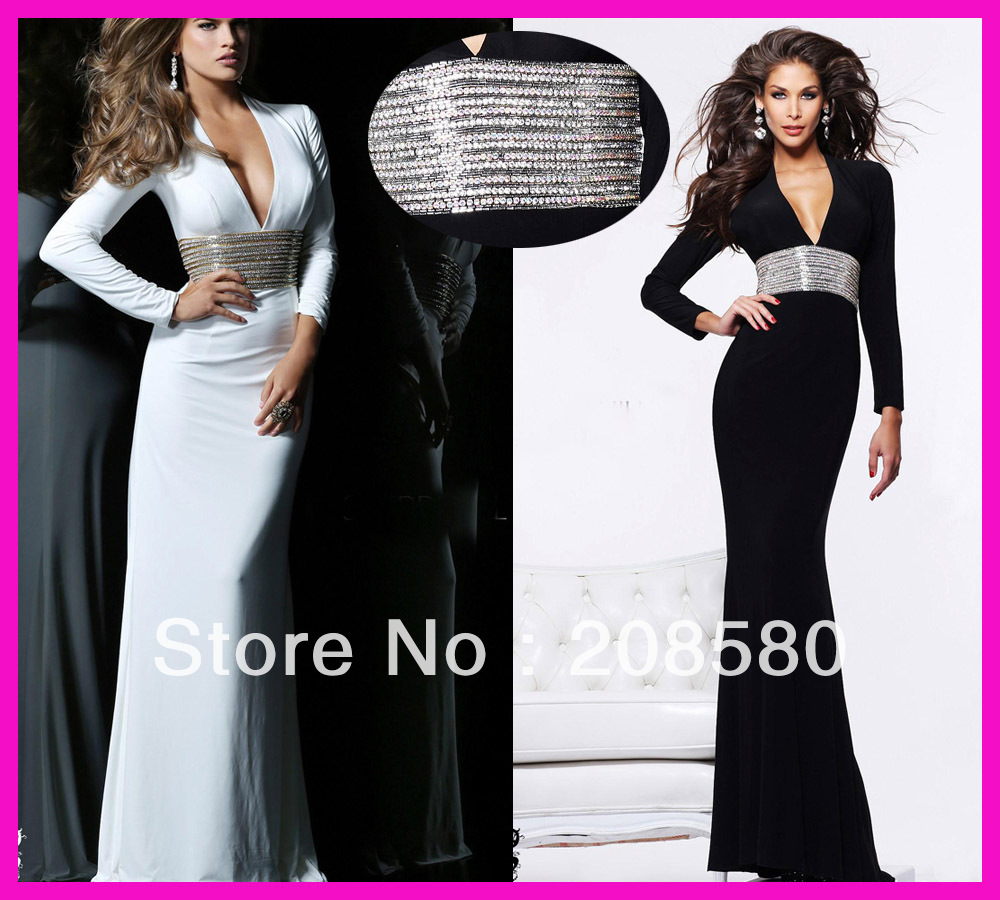 2013 Sexy Black Diamond Long Sleeves V Neck Prom Dresses Evening Gowns Chiffon E2130