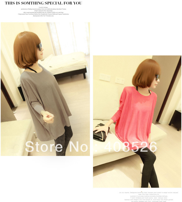 2013 Sexy Korean Women Loose Sleeve Primer Shirt Round Neck Solid Color Batwing Sweater Free shipping 9356