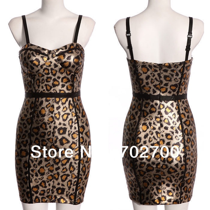 2013 Sexy Nightclub Leather Patch Leopard Backless Women Summer Dresses Free Shipping
