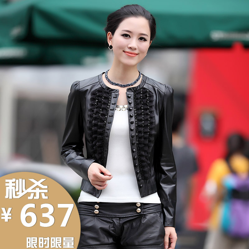 2013 sheepskin genuine leather clothing o-neck slim female short design lace decoration FedEx free shipping