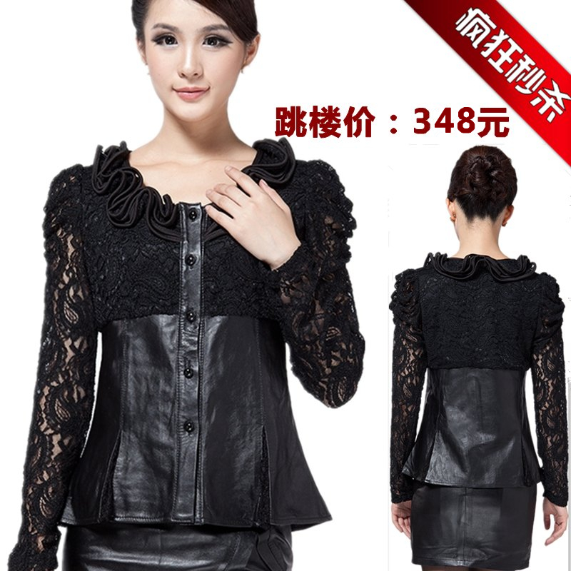 2013 sheepskin lace basic leather clothing short design slim leather clothing basic shirt leather clothing female