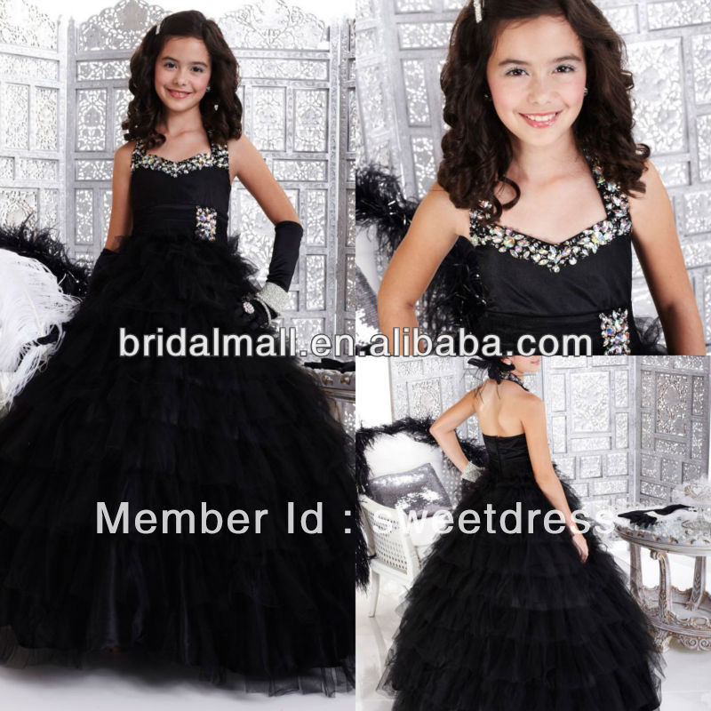 2013 Shining Beaded Halter Black Ruffled Beaded Ball Gown Girls Long Pageant Party Dresses Girl's Prom Gowns JW0029