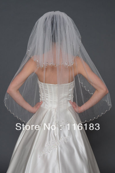 2013 Shinning  Ivory  2T Wedding Bridal  Party Evening Pearls Party Scallop Edge Veil