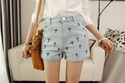 2013 shorts fashion vintage high waisted denim shorts jeans  female spring summer british style the cross embroidery hot pants