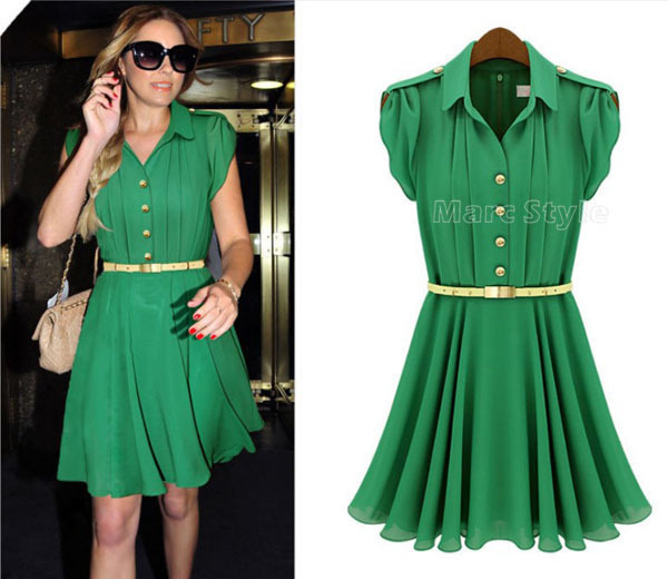 2013 Single Breasted Lapel Collar Pleated Chiffon Elegant Casual Dress With Belt #WD043