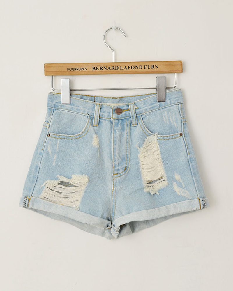 2013 single spring and summer all-match light blue water wash hole roll-up hem high waist denim shorts women's