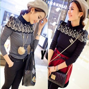2013 slim basic shirt long-sleeve lace top peter pan collar lace patchwork puff sleeve sweater