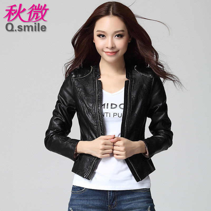 2013 slim embroidery flower leather clothing spring female motorcycle zipper jacket PU outerwear elegant