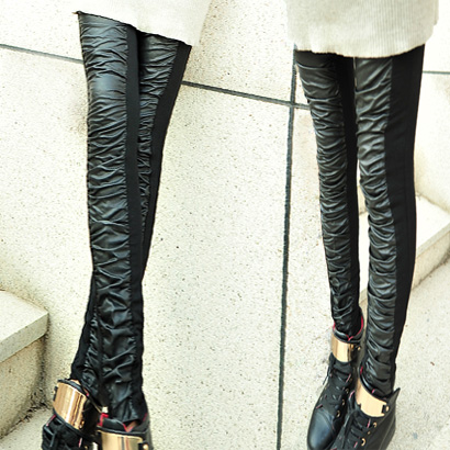 2013 slim faux leather patchwork legging pleated casual long trousers female skinny pants free shipping