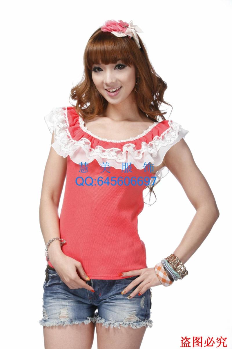 2013 slim o-neck lotus leaf laciness basic spaghetti strap vest clothing free shipping