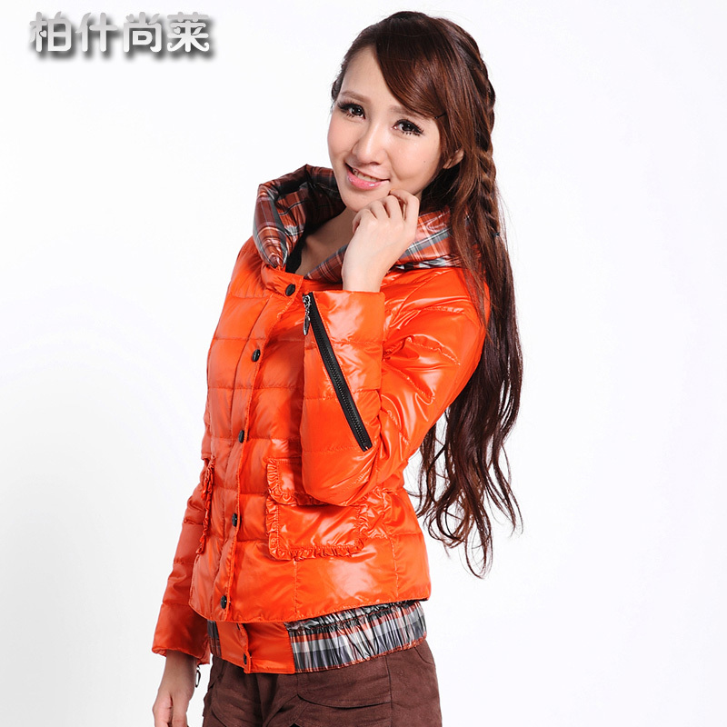 2013 small down coat female short design sweet plaid cap personalized two ways slim all-match