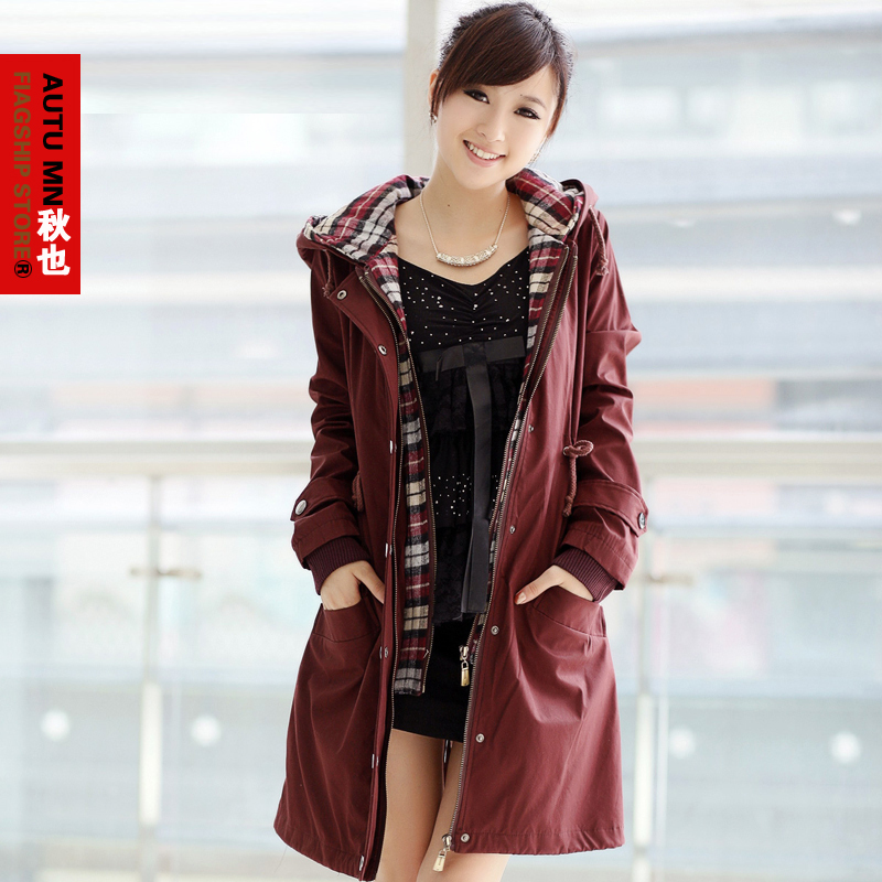 2013 spring 100% cotton thickening  outerwear female hooded solid color design long trench female qf300