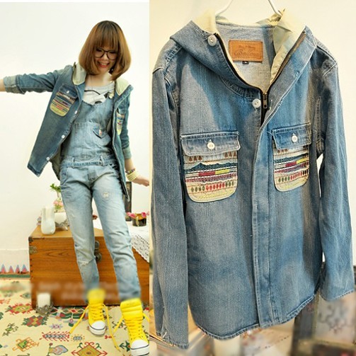 2013 spring a87335 handsome fashion bags hairline with a hood denim outerwear high quality