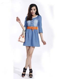 2013 spring all-match half sleeve medium-long plus size denim one-piece dress slim leather belt