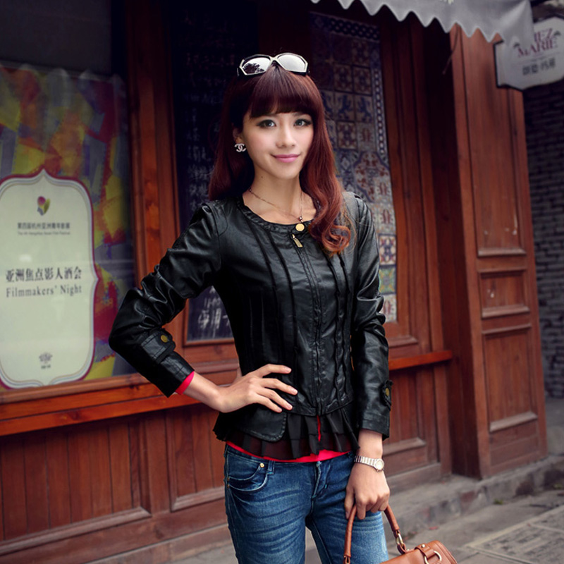 2013 spring all-match leather clothing women's chiffon patchwork PU small leather clothing short jacket