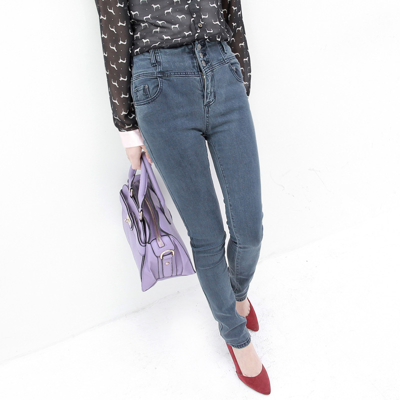 2013 spring all-match mid waist three button skinny pants pencil pants denim ae185
