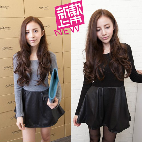 2013 spring all-match o-neck cotton patchwork PU faux leather black skirt slim one-piece dress