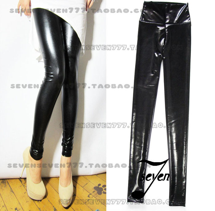 2013 spring and autumn black high waist tight fitting legging shiny faux leather pants elastic