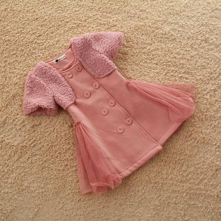 2013 spring and autumn child clothing baby girls plush lace gentlewomen long design short-sleeve trench thick outerwear
