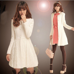 2013 spring and autumn exquisite button slim waist lace skirt type trench woolen outerwear woolen overcoat female
