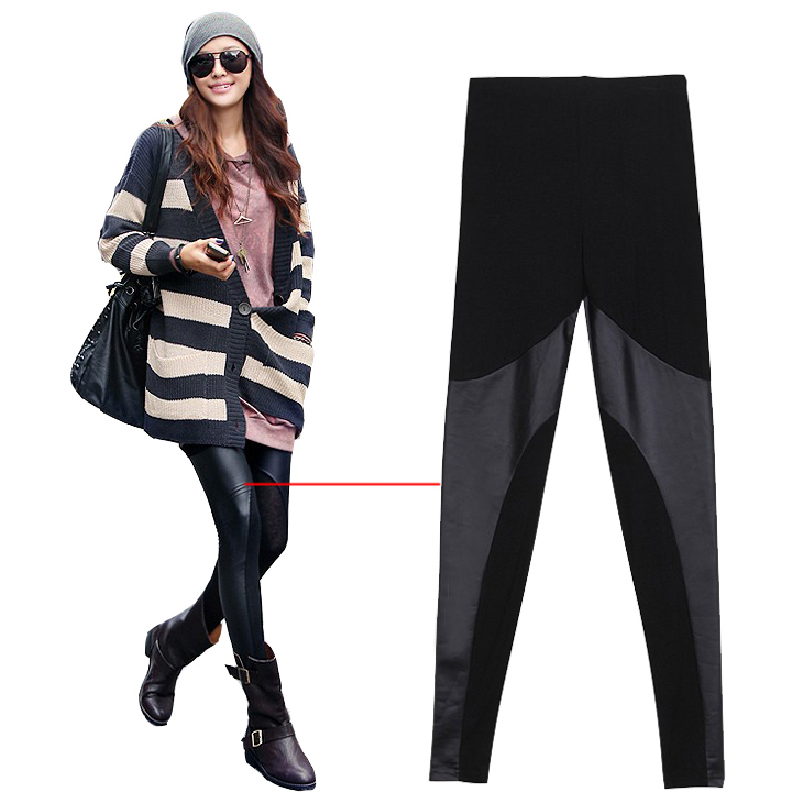 2013 spring and autumn fashion street style personality faux leather patchwork cotton slim legging trousers women's