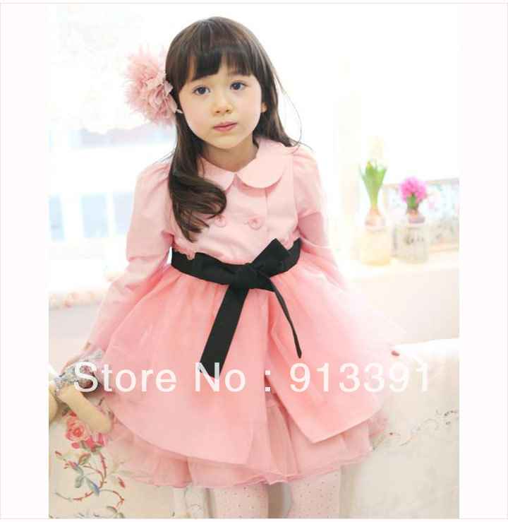 2013 spring and autumn female child outerwear long-sleeve black belt trench lengthen outerwear children's clothing