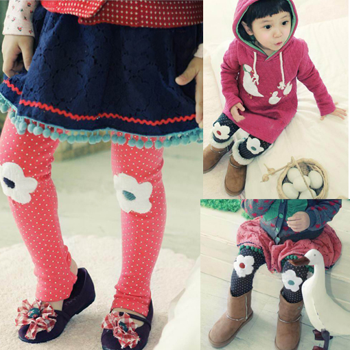 2013 spring and autumn girls clothing trousers 100% cotton embroidered flower dot legging ankle length trousers